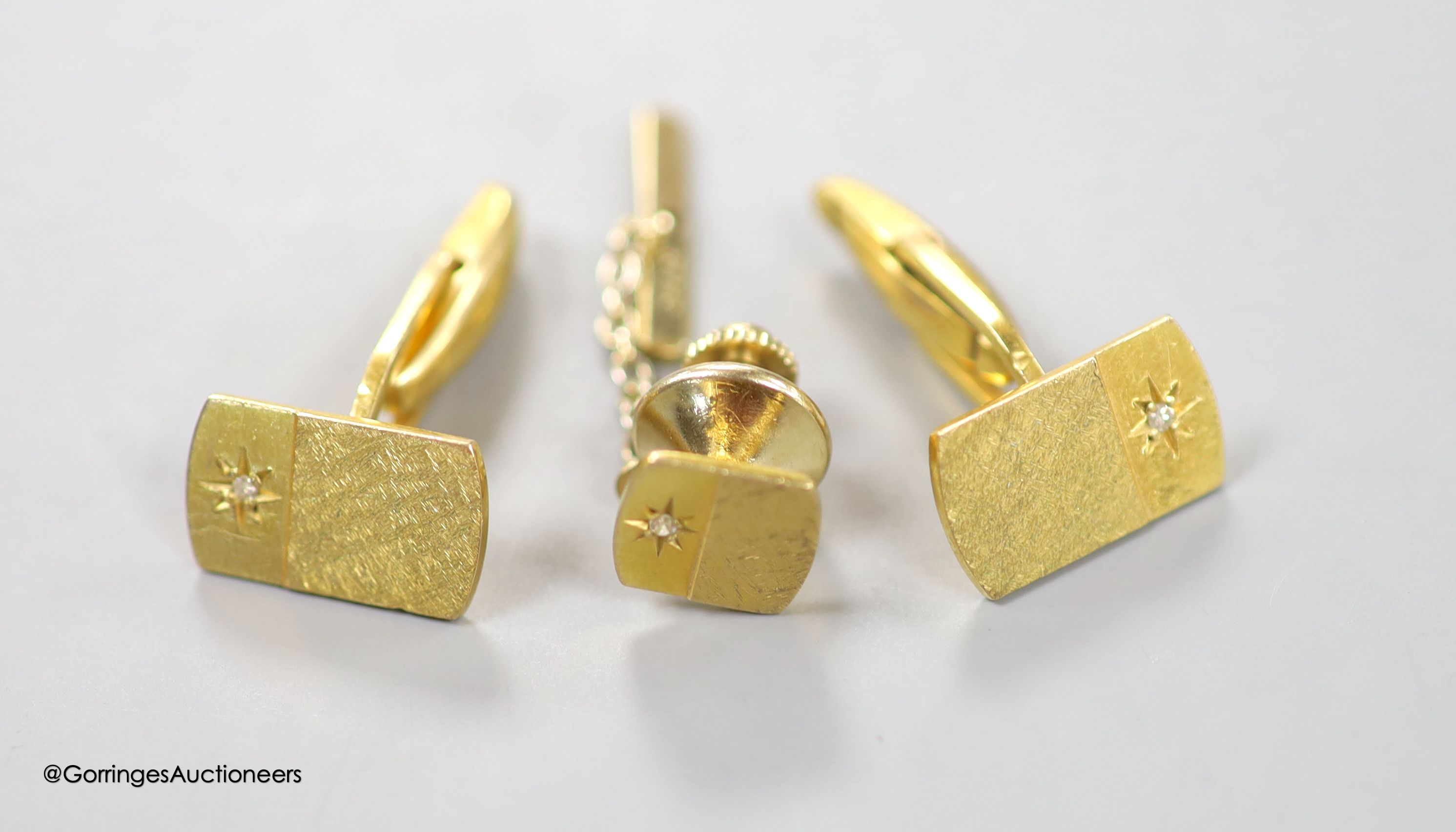 A pair of 9ct yellow gold and diamond-set cufflinks and a matching tie pin, gross 10.4g